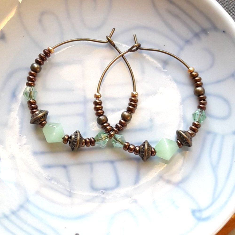 Earthy Boho Bohemian Green Glass handmade Hoops earrings Brown earrings Or  493■